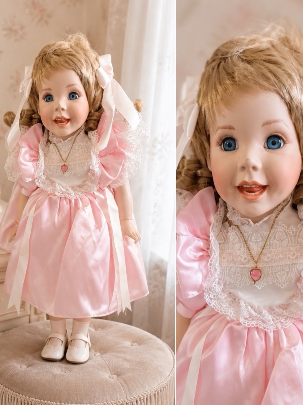 1991 Pink Porcelain Collectible Doll in Satin Dress with Heart Pendant